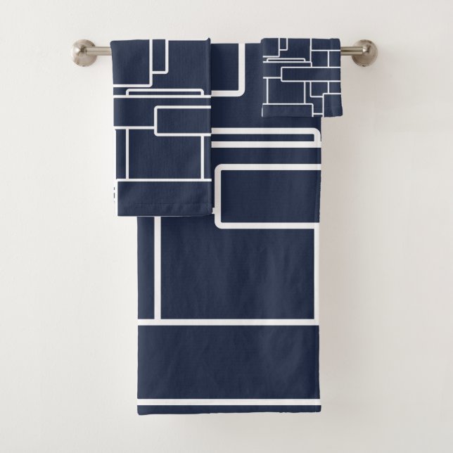 Moderne Navy Blue & White Abstrakt Geometric Badhandtuch Set (Insitu)