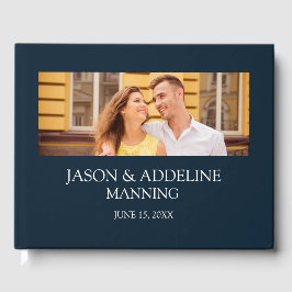 Moderne Navy Blue White Two Foto Hochzeit Gästebuch