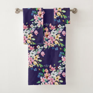 Moderne Navy Blush Pink Floral Print Badhandtuch Set