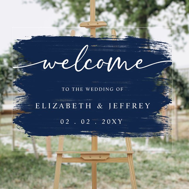 Moderne Navy Brush Schlaganfälle Hochzeit Willkomm Acrylschild (Modern Navy Brush Strokes Wedding Welcome Acrylic Sign
)
