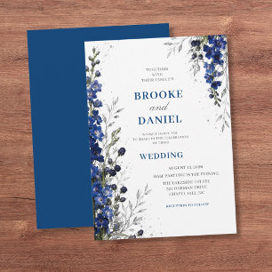 Moderne Navy-Delphinium-Silber-Glitter-Hochzeit Einladung