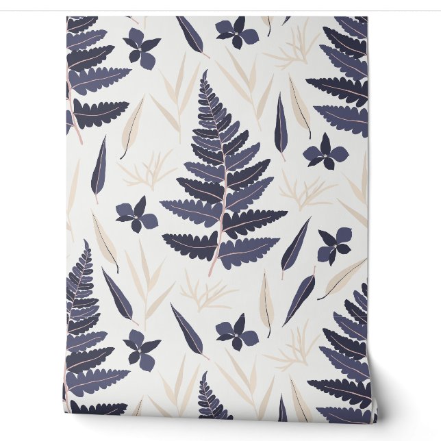 Moderne Navy-Farn- und Blush-Weidenblatt-Botanik Tapete (Abrollen)