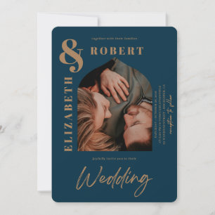 Moderne Navy fett gestyltes, feines Foto Hochzeit Einladung