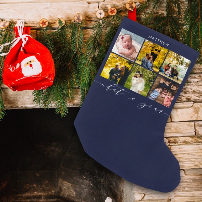 Moderne Navy-Fotocollage-Kalligrafie - Was für ein Kleiner Weihnachtsstrumpf (What a year, enjoy this photo stocking with a place to put a name. This is a fun personalized design)
