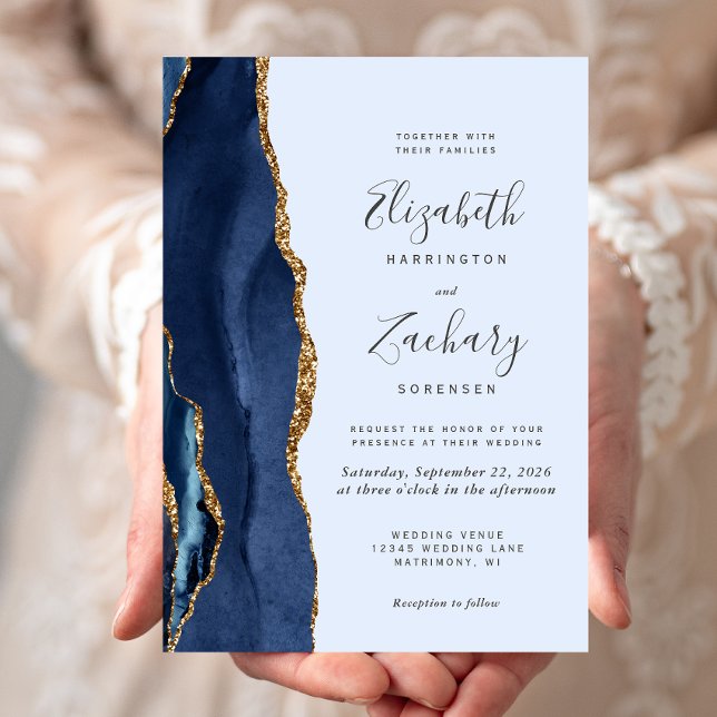 Moderne Navy Gold Agate Light Blue Wedding Einladung (Von Creator hochgeladen)
