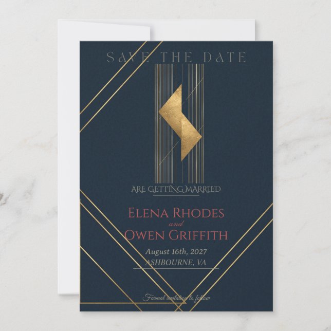 Moderne Navy-Gold-Geometric-Art-Deco-Save-the-Date (Vorderseite)