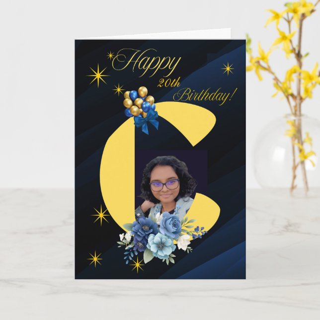 Moderne Navy & Gold Initiale "C" Foto 20. Geburtst Karte (Gelbe Blume)