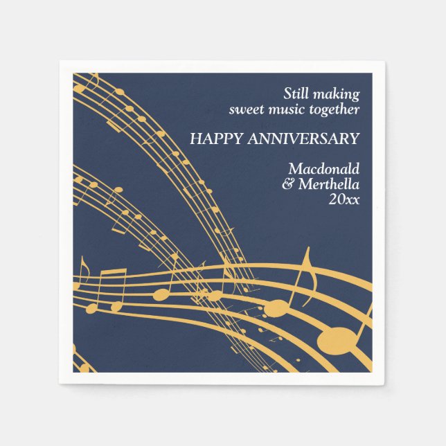 Moderne Navy Gold SWEET MUSIC Happy Jubiläum Serviette (Vorderseite)