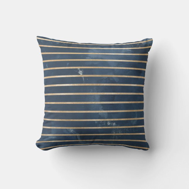 Moderne Navy Gold Wasserfarbe Horizontale Streifen Kissen (Vorderseite)