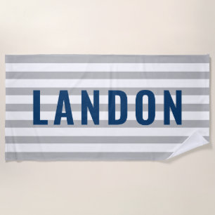 Moderne Navy-Grau gestreifte Monogramm-Name Strandtuch