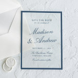 Moderne Navy-Grenz-Hochzeit - Rettet das Datum Acryleinladungen<br><div class="desc">Teilen Sie Ihren Hochzeitstermin im klassischen Stil mit dieser Acryl-Save-the-Date-Karte mit navy-blauem Rahmen. Der dunkelblaue Rahmen vor einem klaren Acryl-Hintergrund erzeugt einen kühnen, aber zeitlosen Kontrast, der sowohl formell als auch modern wirkt. Elegante Kalligrafie betont die Namen des Paares, während die verfeinerte Serifenschrift Datum und Ort mit ausgewogener Eleganz präsentiert....</div>