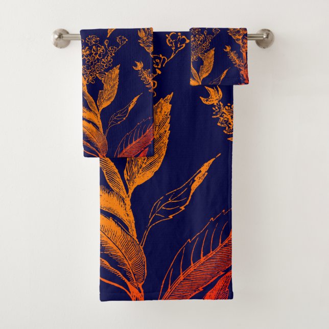 Moderne Navy Orange Blätter floral Badhandtuch Set (Insitu)
