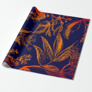 Moderne Navy Orange Blätter floral Geschenkpapier