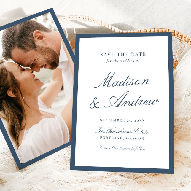 Moderne Navy-Rahmen-Foto-Hochzeit Save The Date (Von Creator hochgeladen)