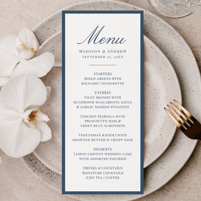 Moderne Navy-Rahmen-Hochzeit Menükarte (Von Creator hochgeladen)