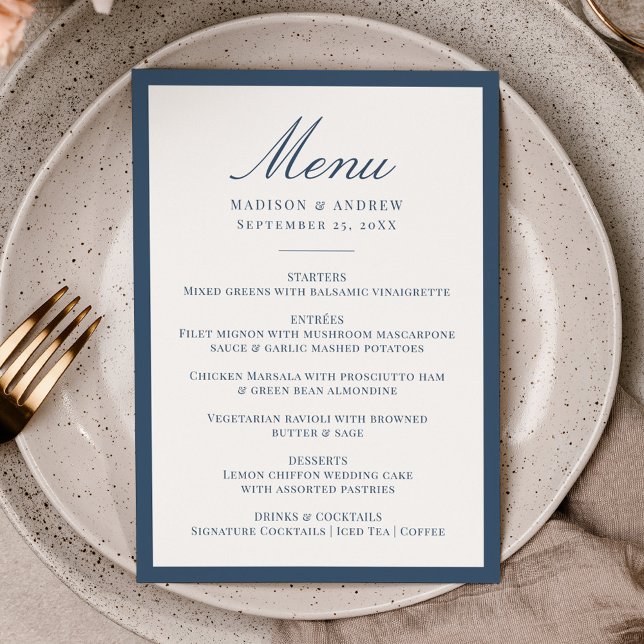 Moderne Navy-Rahmen-Hochzeit Menükarte (Von Creator hochgeladen)