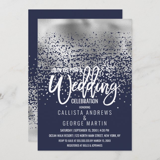 Moderne Navy Silver Foil Confetti Ombre Wedding Einladung (Vorne/Hinten)