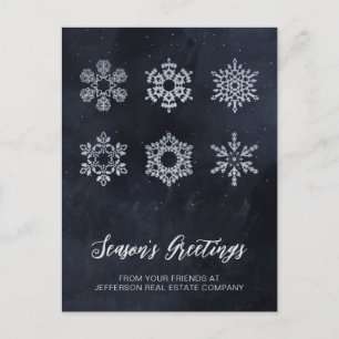 Moderne Navy Silver Snowflakes Business Feiertagspostkarte