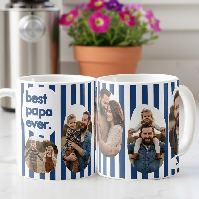Moderne Navy-Streifen- Collage: Bester Papa Ever F Kaffeetasse (Best Papa Ever 5 custom photos, navy blue striped mug by Darling & May)