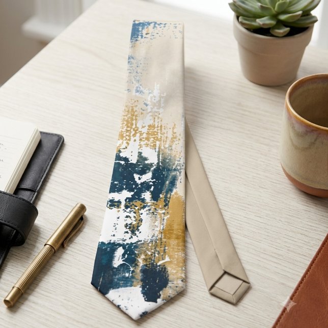 Moderne Navy- und Gold-Abstract-Bürstenstrich-Kraw Krawatte (Bold navy and gold brushstrokes for the modern professional seeking an elevated office look.)