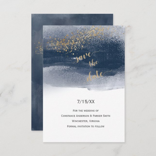 Moderne Navy- und Gold-Pinselstriche Save the Date (Vorne/Hinten)