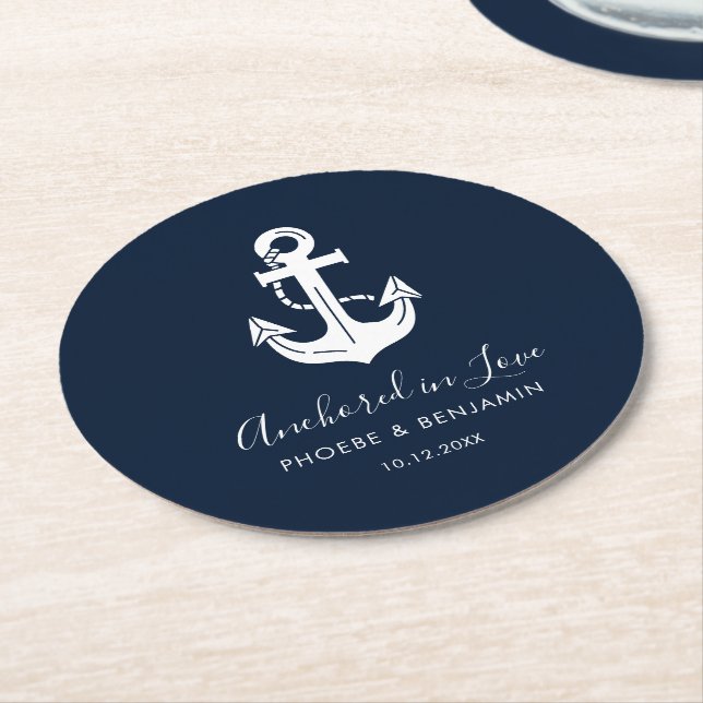 Moderne Navy & Weiße Benutzerdefinierte Namensanke Runder Pappuntersetzer (Angewinkelt)