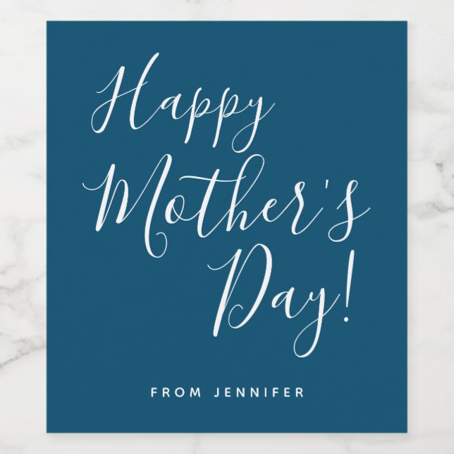 Moderne Navy & White Happy Mother's Day Script Weinetikett (Einzelnes Label)