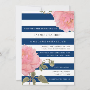 MODERNE Navy Wide Stripes Pink Peony Blume Floral Einladung