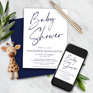 Moderne Navyblaue einfache Schrift Baby Shower Einladung