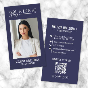 Moderne Navyblaue professionelle QR-Code-Foto-Logo Visitenkarte