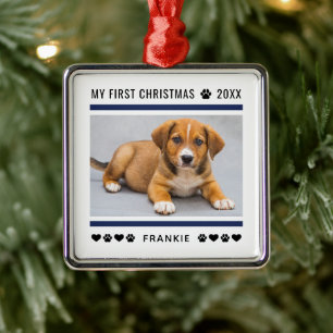 Moderne Navyblaue Puppy-Erste-Weihnachten-Foto Ornament Aus Metall