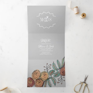 Moderne Nelken-Blumen-Tinte Hochzeit Botanisch Dreifach Gefaltete Einladung