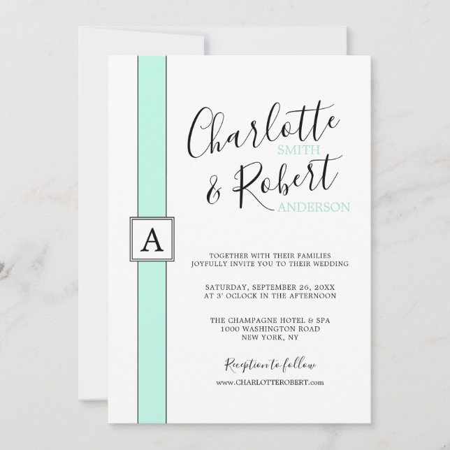 Moderne Neo Mint Green Monogram Wedding Einladung (Vorderseite)