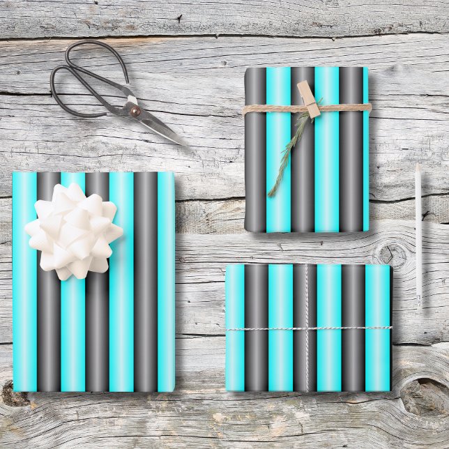 Moderne Neon Blue und Black 3D Metal Effect Stripe Geschenkpapier Set (Von Creator hochgeladen)