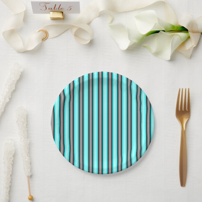 Moderne Neon Blue und Black 3D Metal Effect Stripe Pappteller (Hochzeit)