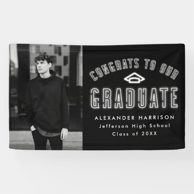 Moderne Neon Foto Graduation Party Banner (Horizontal)