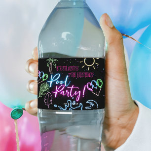 Moderne Neon-Glow-Black-Pool-Party-Geburtstag Wasserflaschenetikett