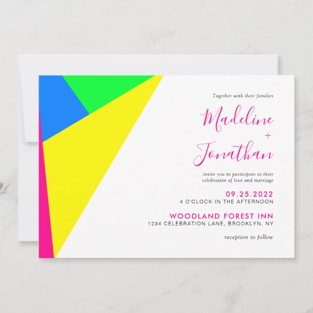 Moderne Neon-Pink-Geometrie-Monogramm-Hochzeit Einladung (Vorderseite)