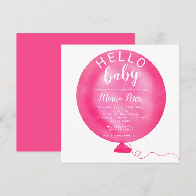 Moderne Neon-Rosa-Ballon Wasserfarben Babydusche Einladung (Vorne/Hinten)