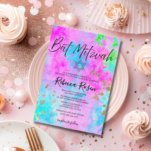 Moderne Neon- und Gold-Wasserfarbe Bat Mitzvah Einladung
