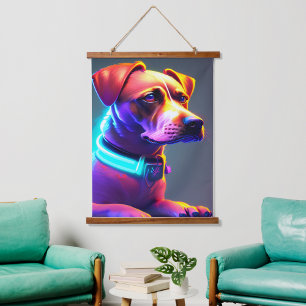 Moderne Neongefärbte Hund Wandteppich Mit Holzrahmen