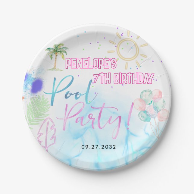 Moderne Neonglow-Wasserfarbe Poolparty-Geburtstag Pappteller (Vorderseite)