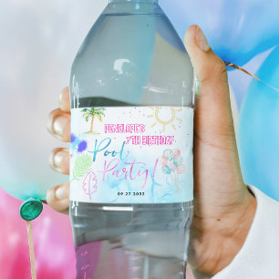Moderne Neonglow-Wasserfarbe Poolparty-Geburtstag Wasserflaschenetikett