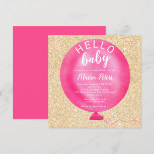 Moderne Neonrosa Ballon Gold Glitzer Babydusche Einladung