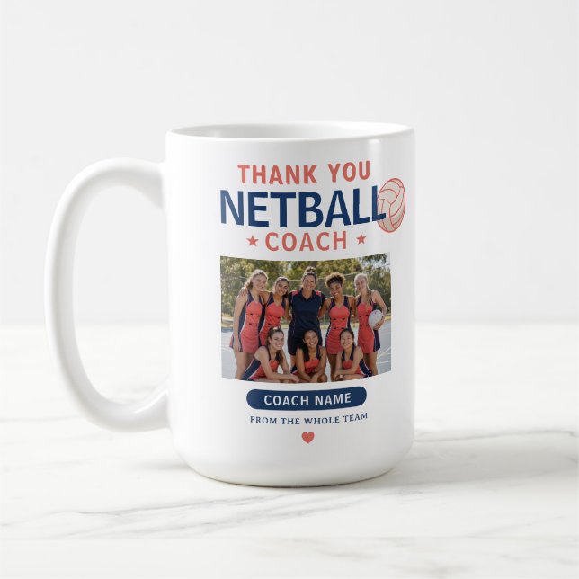 Moderne Netball-Mannschaftsfoto Coach Danke Kaffeetasse (Links)
