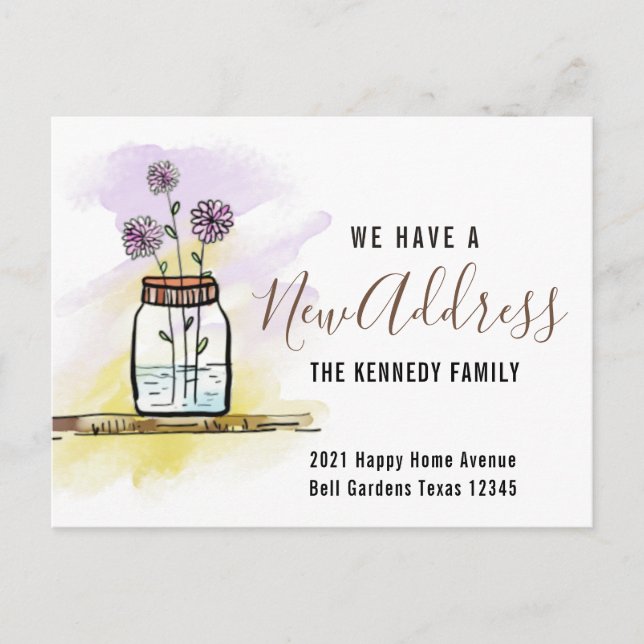 Moderne neue Address Watercolor Blume Zuhause Movi Ankündigungspostkarte (Vorderseite)