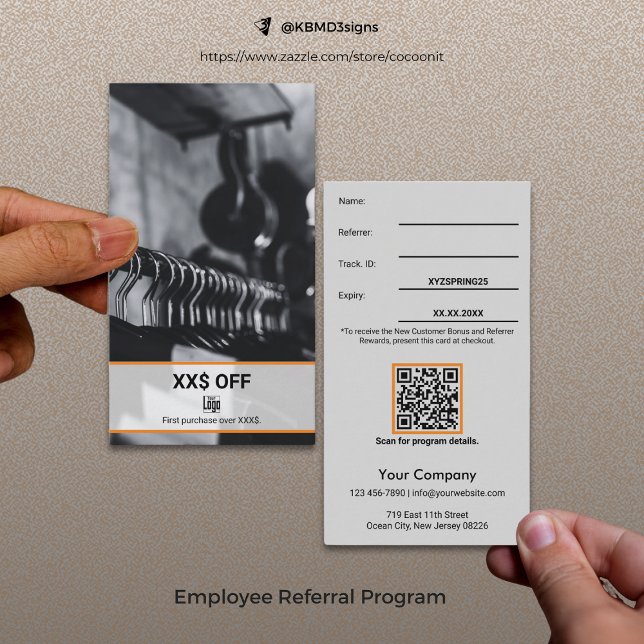 Moderne neue Kundenvergünstigung für Mitarbeiter Empfehlungskarte (Modern New Customer Discount Employee Reward Referral Card, Gray, Black, Orange)