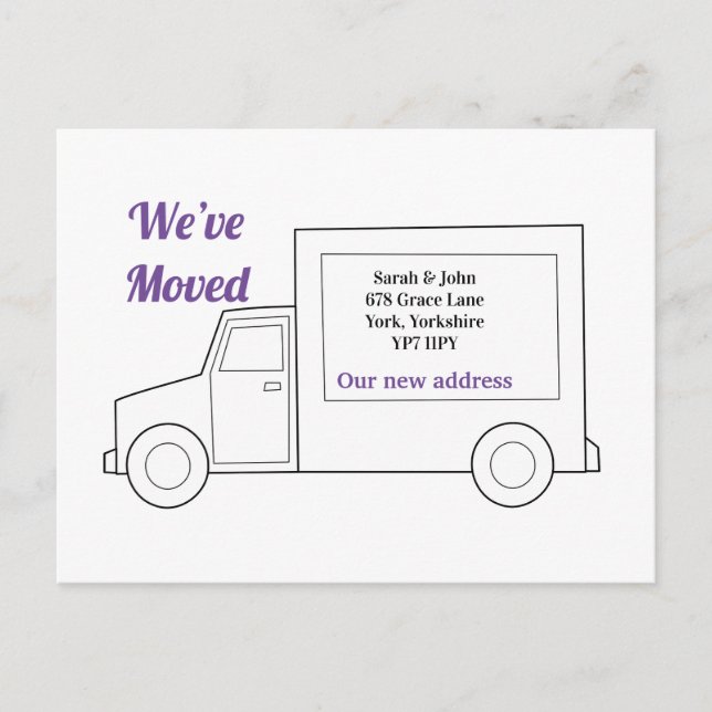 Moderne neue Zuhause-Adresse Wir haben Lila Ankündigungspostkarte (Vorderseite)