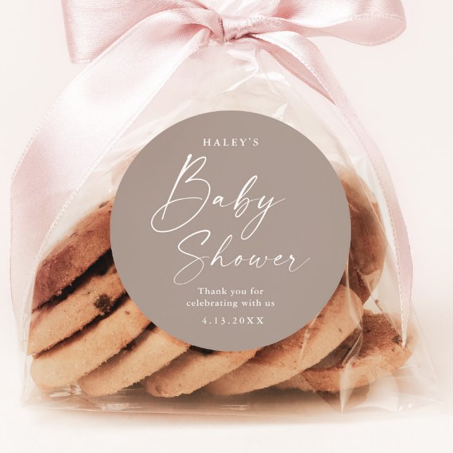 Moderne, neutrale Babydusche für das Skriptgeschle Runder Aufkleber (Modern Script Boho Gender Neutral Baby Shower Sticker.)