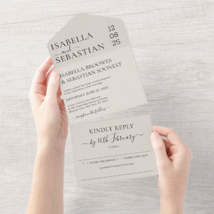 Moderne neutrale Creme-Hochzeit freundlich antwort All In One Einladung